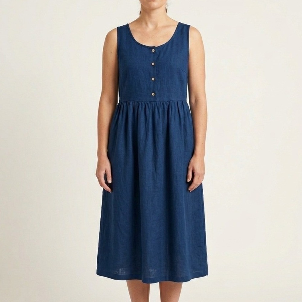 Simply Grey Linen Dress M/L Blue Sleeveless Button Front Pockets Cottagecore